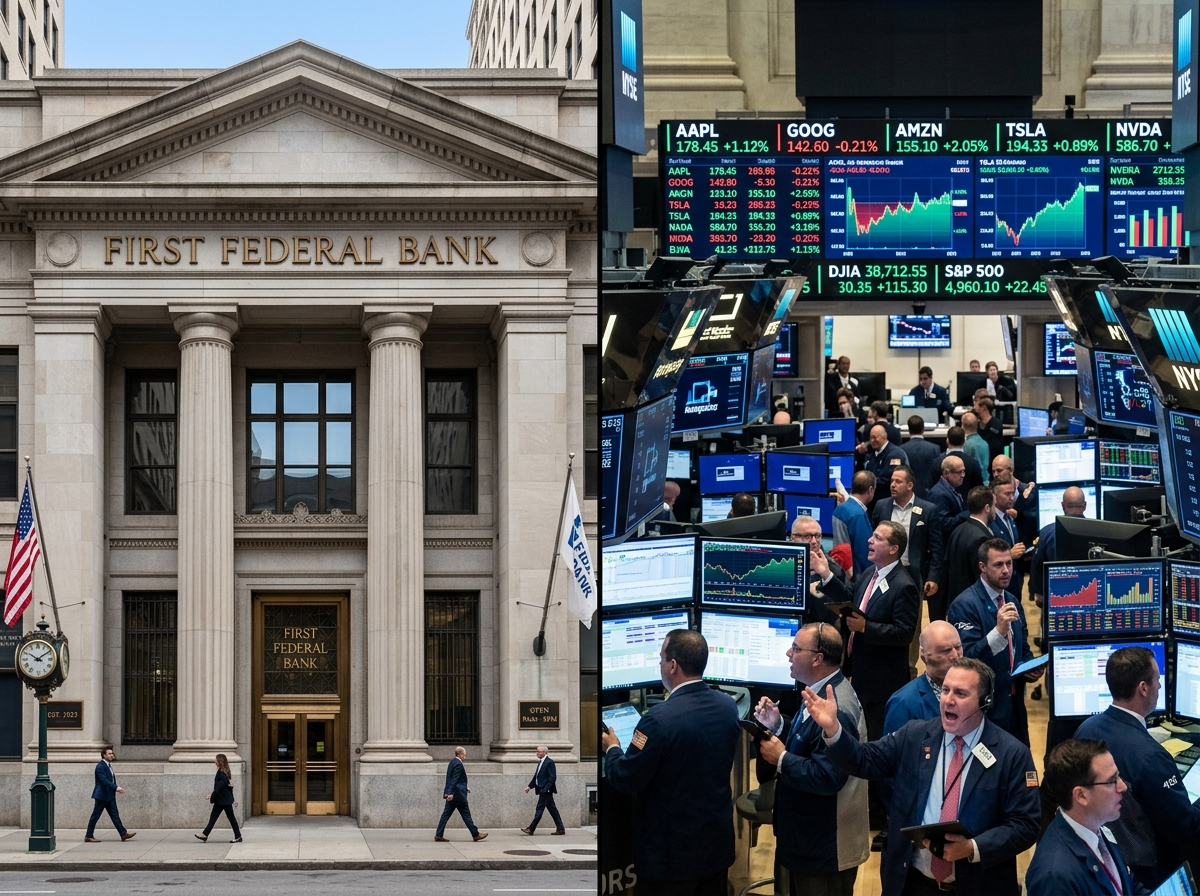 Bank building representing MMAs versus a stock market ticker representing MMFs - money market accounts comparison