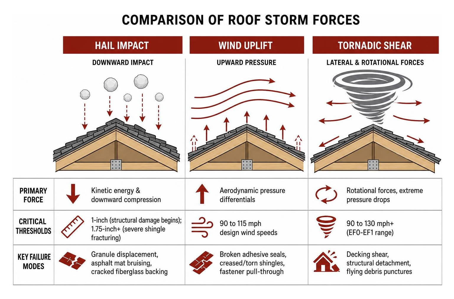 Comparison diagram of hail impact wind uplift and tornadic shear forces on a standard roof structure Comparison diagram of hail impact wind uplift and tornadic shear forces on a standard roof structure