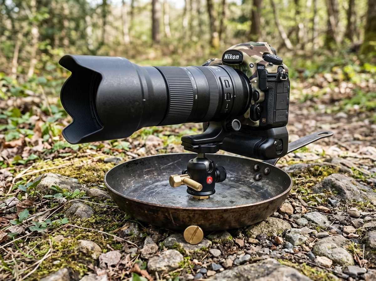 DIY frying pan camera mount used for ground level photography - low angle camera supports
