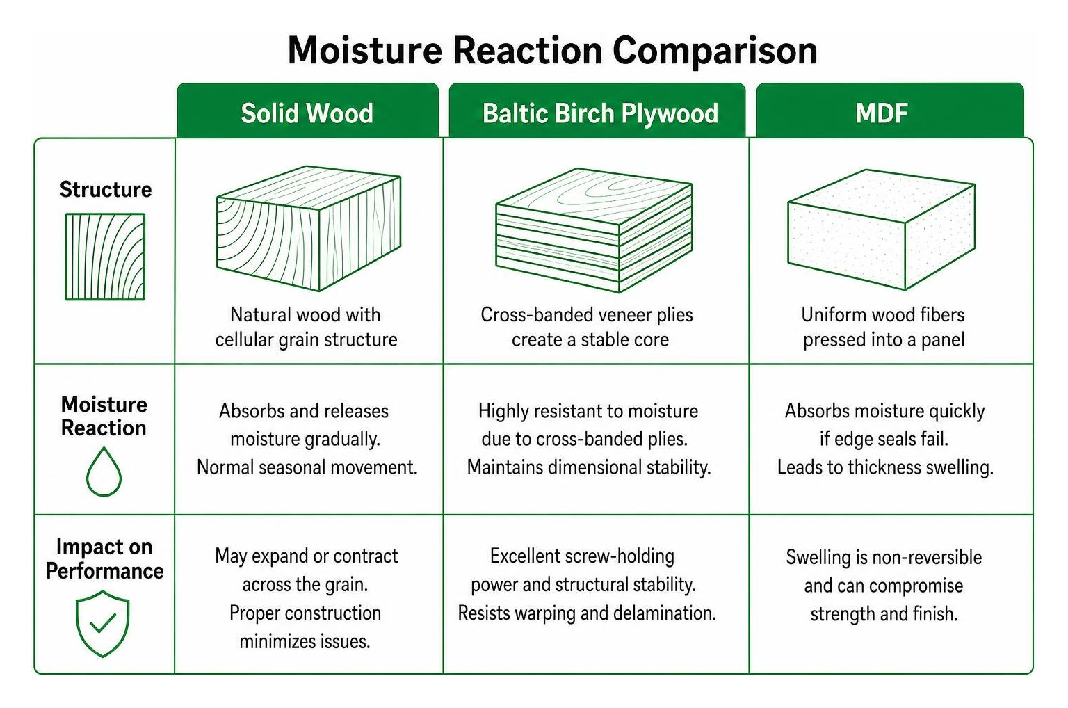 Moisture reaction comparison: Solid wood, Baltic birch, and MDF