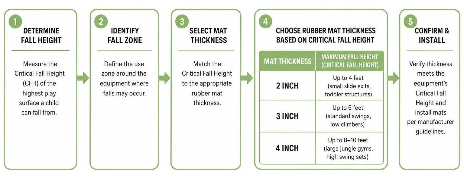 Process flow diagram illustrating fall height determination to rubber mat thickness selection
