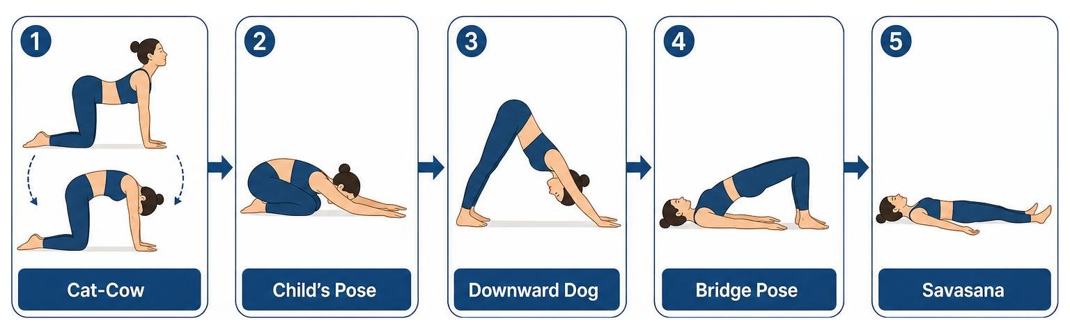 Step by step progression from Cat Cow to Child's Pose, Downward Dog, Bridge, and Savasana Step by step progression from Cat Cow to Child's Pose, Downward Dog, Bridge, and Savasana