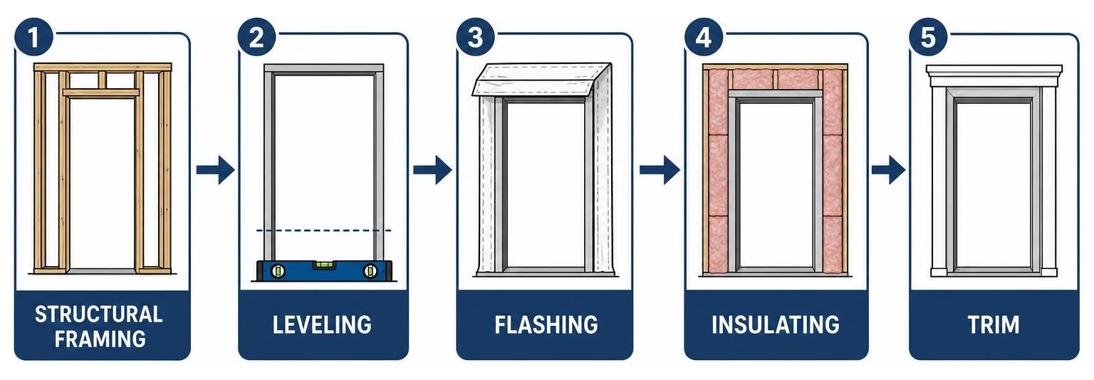 Entry door replacement workflow: structural framing, leveling, flashing, insulating, trim Entry door replacement workflow: structural framing, leveling, flashing, insulating, trim
