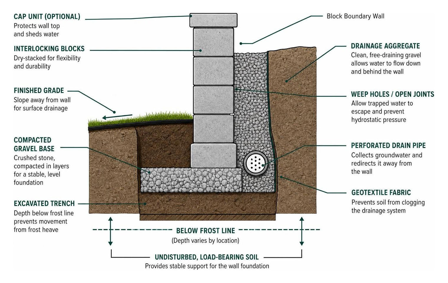 Cross-section diagram of proper foundation and drainage for a block boundary wall Cross-section diagram of proper foundation and drainage for a block boundary wall