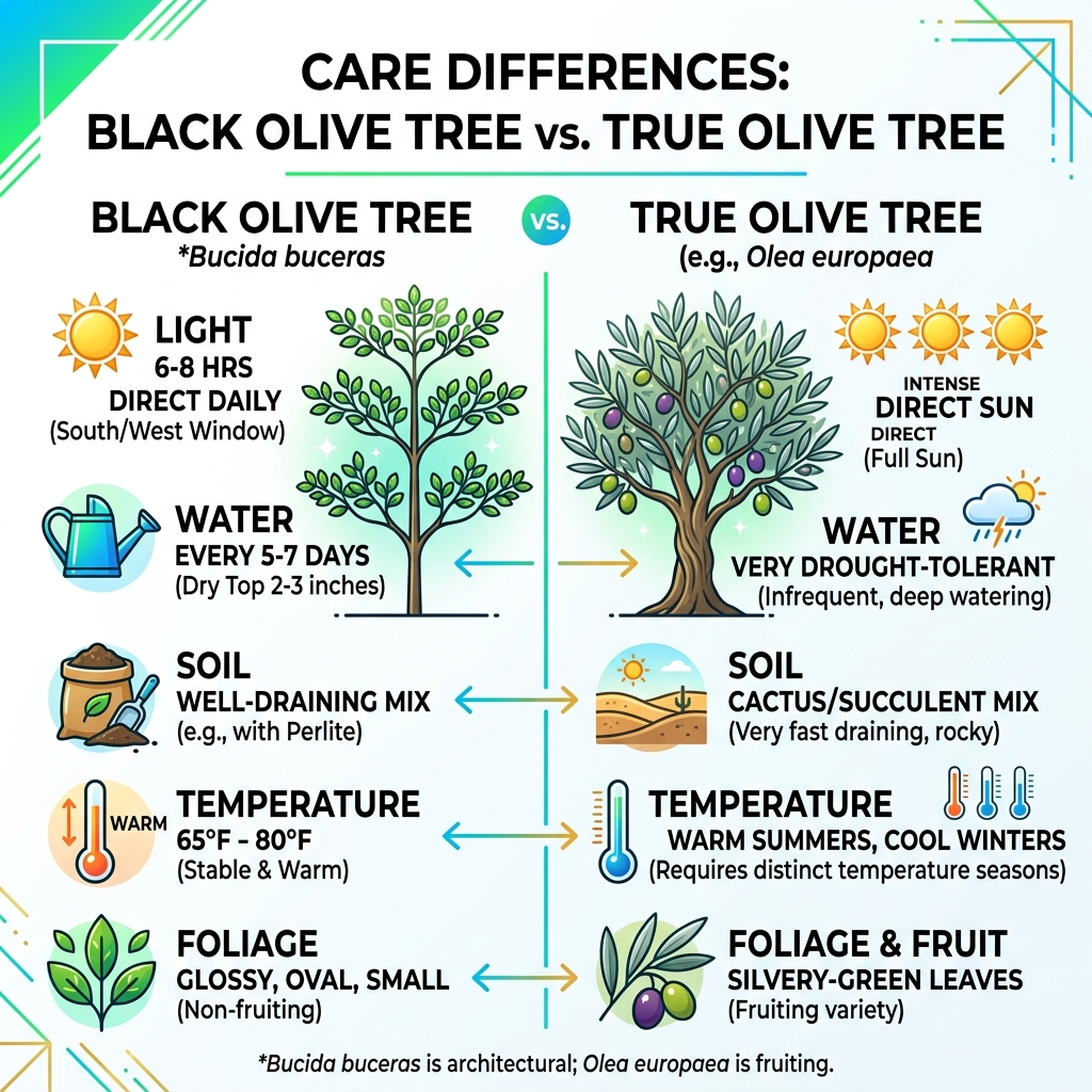 Key care differences between Black Olive Tree and true olive trees infographic - black olive tree indoor care infographic 