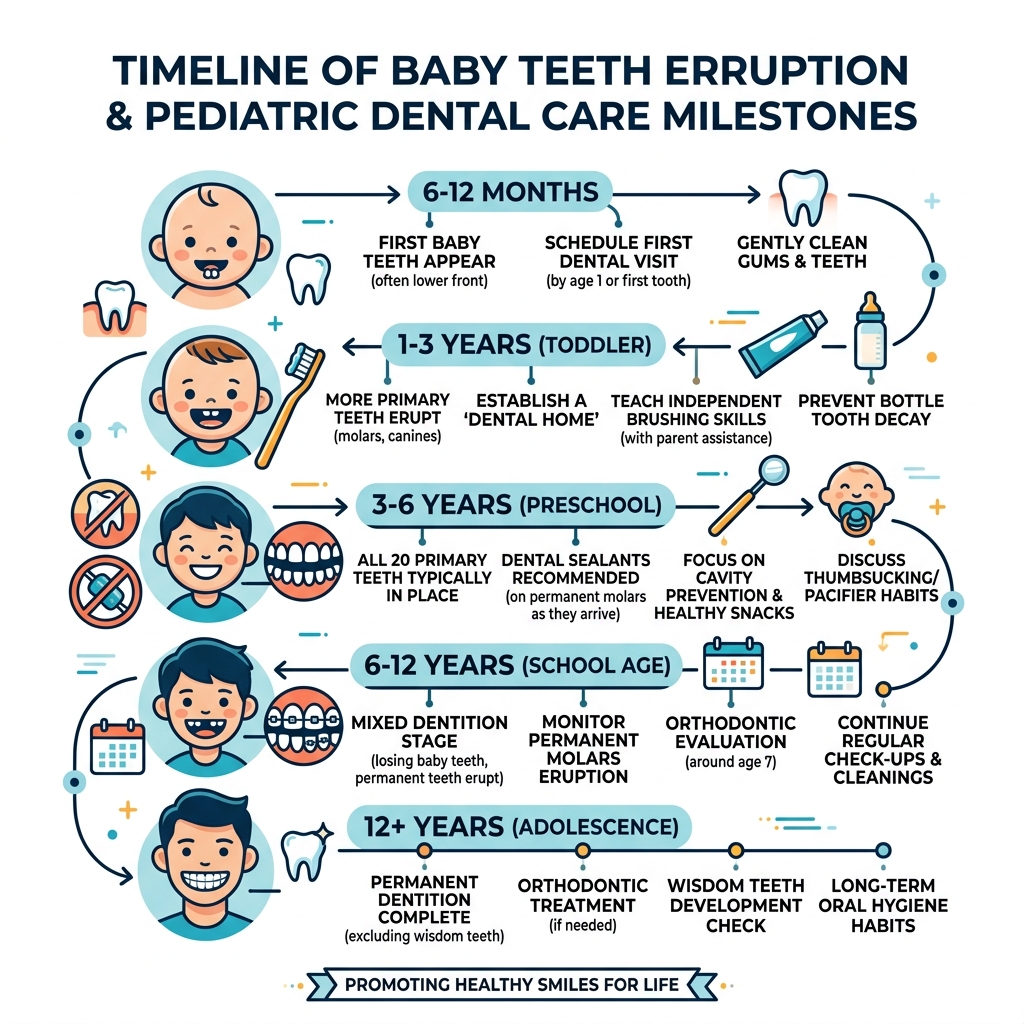 Timeline of baby teeth eruption and pediatric dental care milestones - pediatric dentist new york ny infographic 