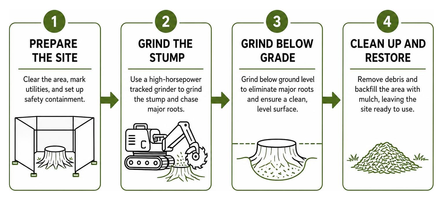 Systematic four step workflow for professional large stump grinding