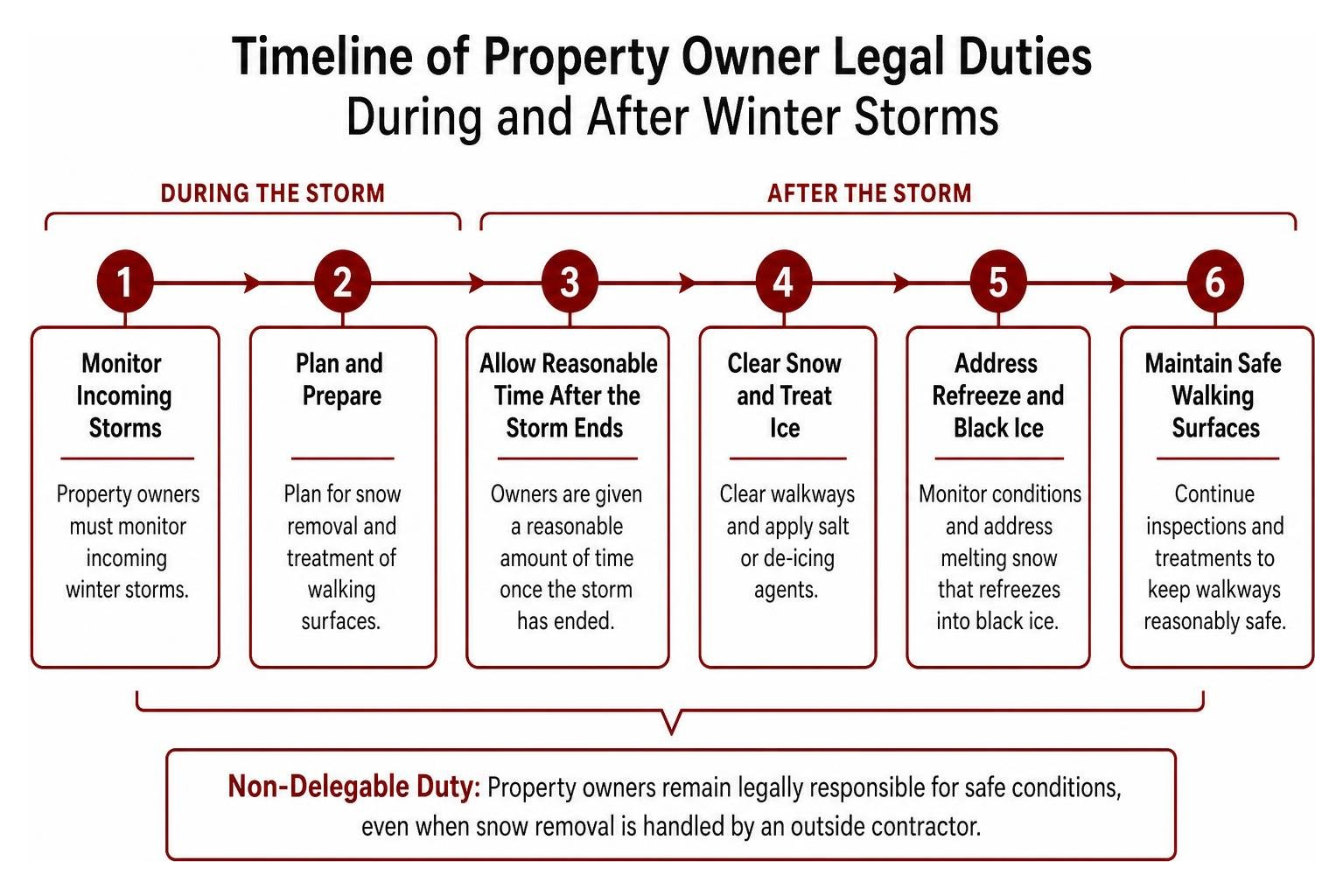 Timeline of property owner legal duties during and after winter storms