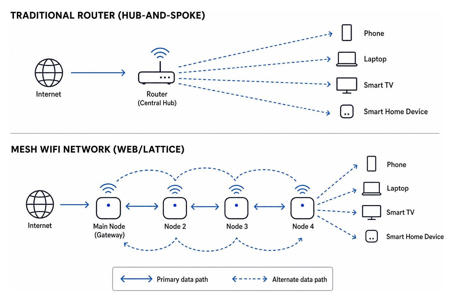 how data flows through a mesh network vs traditional router