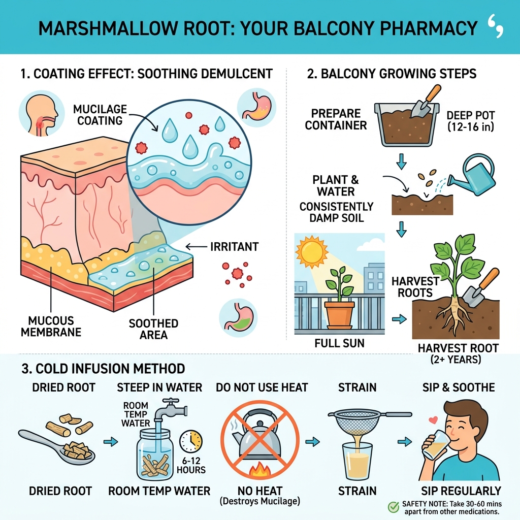 Infographic showing marshmallow root demulcent coating effect on mucous membranes, balcony growing steps, and cold infusion