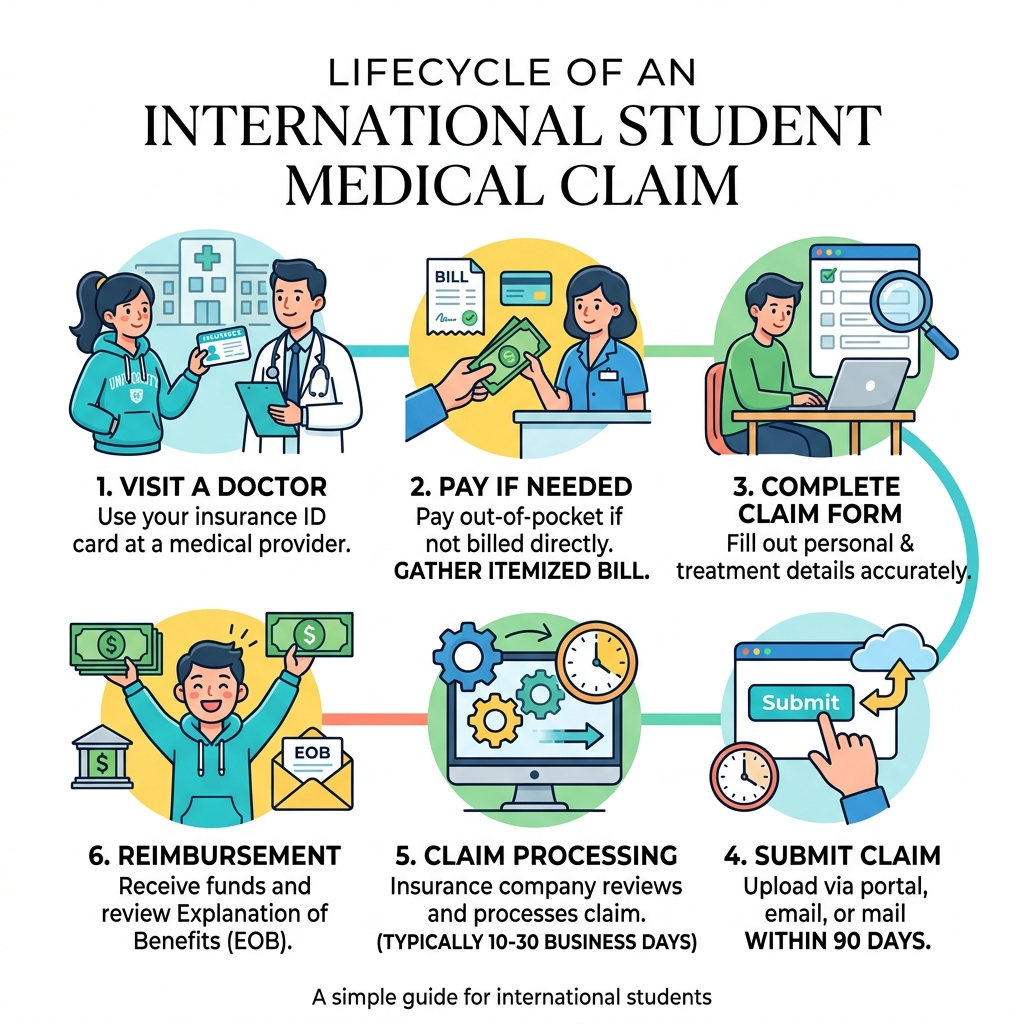Lifecycle of a medical insurance claim for international students, from visit to reimbursement - international student claim