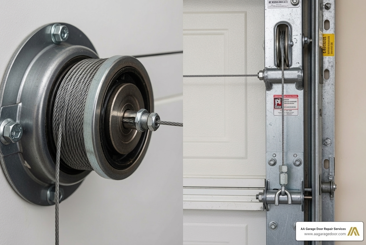 Side-by-side comparison of torsion spring system cable and extension spring system cable - garage door cable maintenance