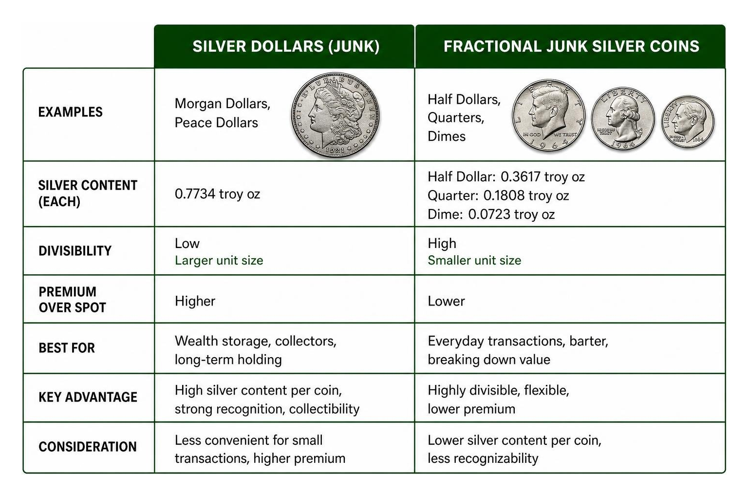 Comparison of divisibility and premiums between silver dollars and fractional junk silver coins Comparison of divisibility and premiums between silver dollars and fractional junk silver coins