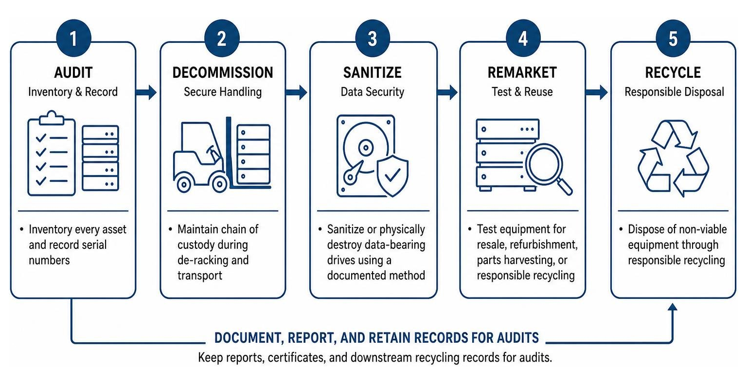 Enterprise asset recovery workflow: audit, decommission, sanitize, remarket, and recycle