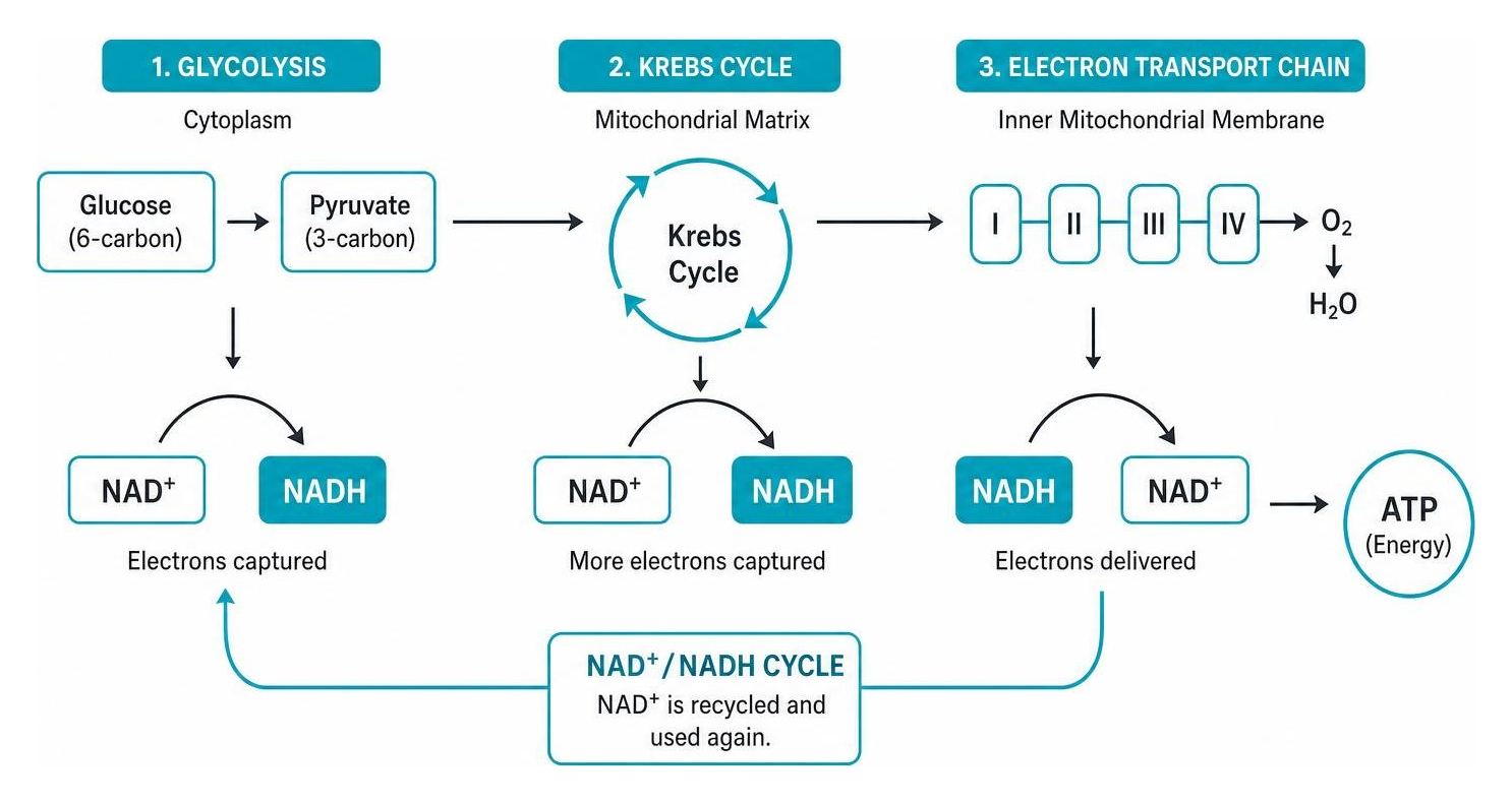 Diagram of glycolysis Krebs cycle and electron transport chain utilizing NAD+ and NADH Diagram of glycolysis Krebs cycle and electron transport chain utilizing NAD+ and NADH