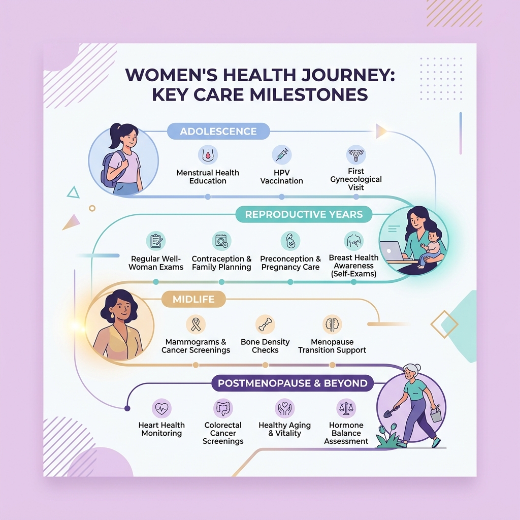 Women's health journey from adolescence through menopause with key care milestones - women's health clinic infographic 