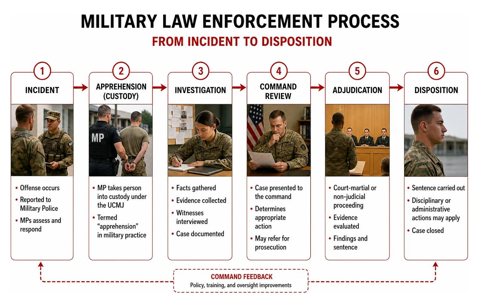 Diagram showing military law enforcement process from incident to disposition Diagram showing military law enforcement process from incident to disposition