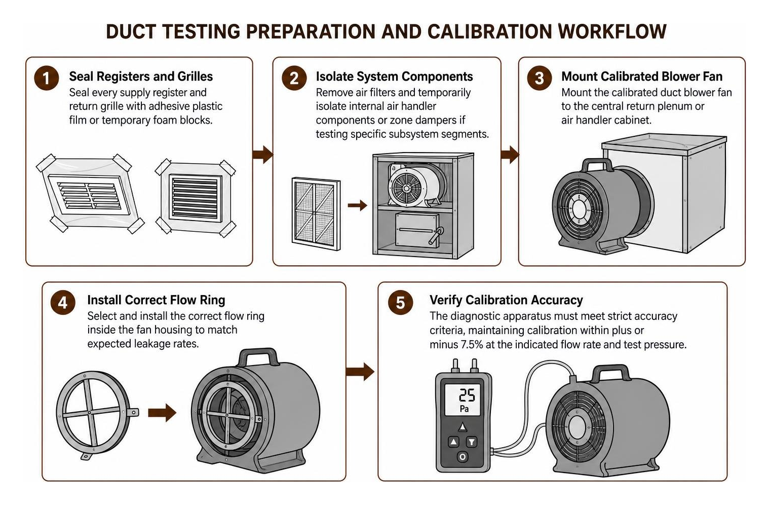 Duct testing preparation and calibration workflow