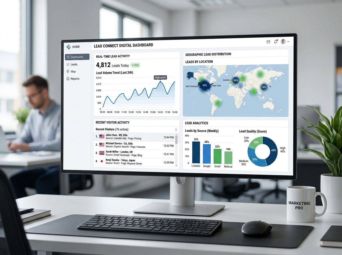 Digital dashboard showing real-time lead activity and visitor identification - lead generation Augusta GA