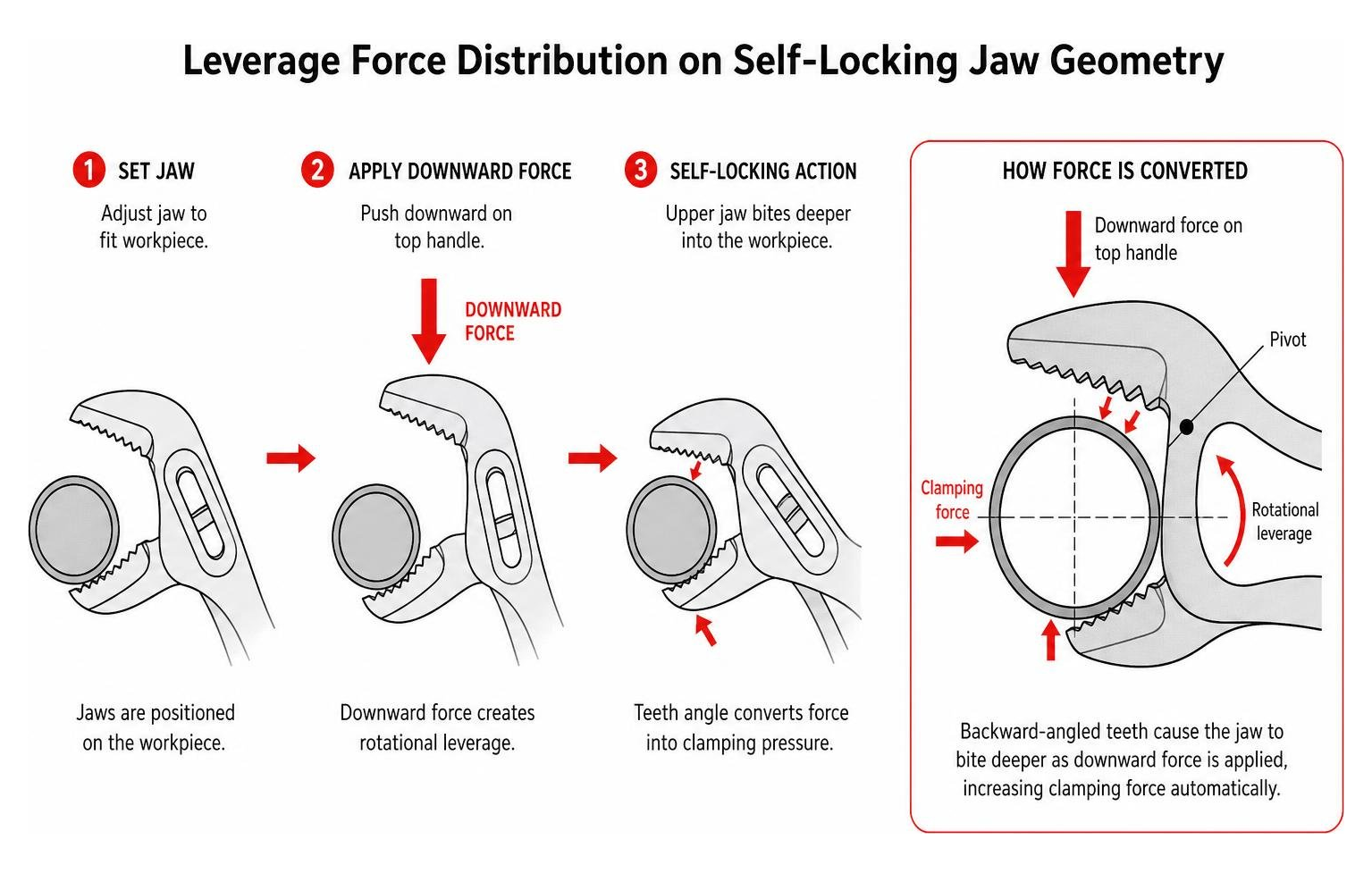Diagram showing leverage force distribution on self-locking jaw geometry