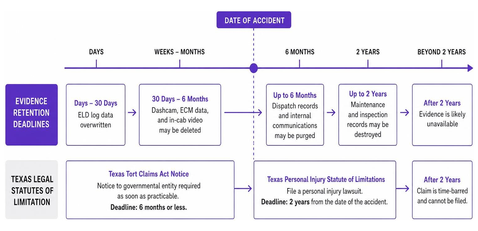 Timeline comparison showing evidence retention deadlines versus Texas legal statutes of limitation Timeline comparison showing evidence retention deadlines versus Texas legal statutes of limitation