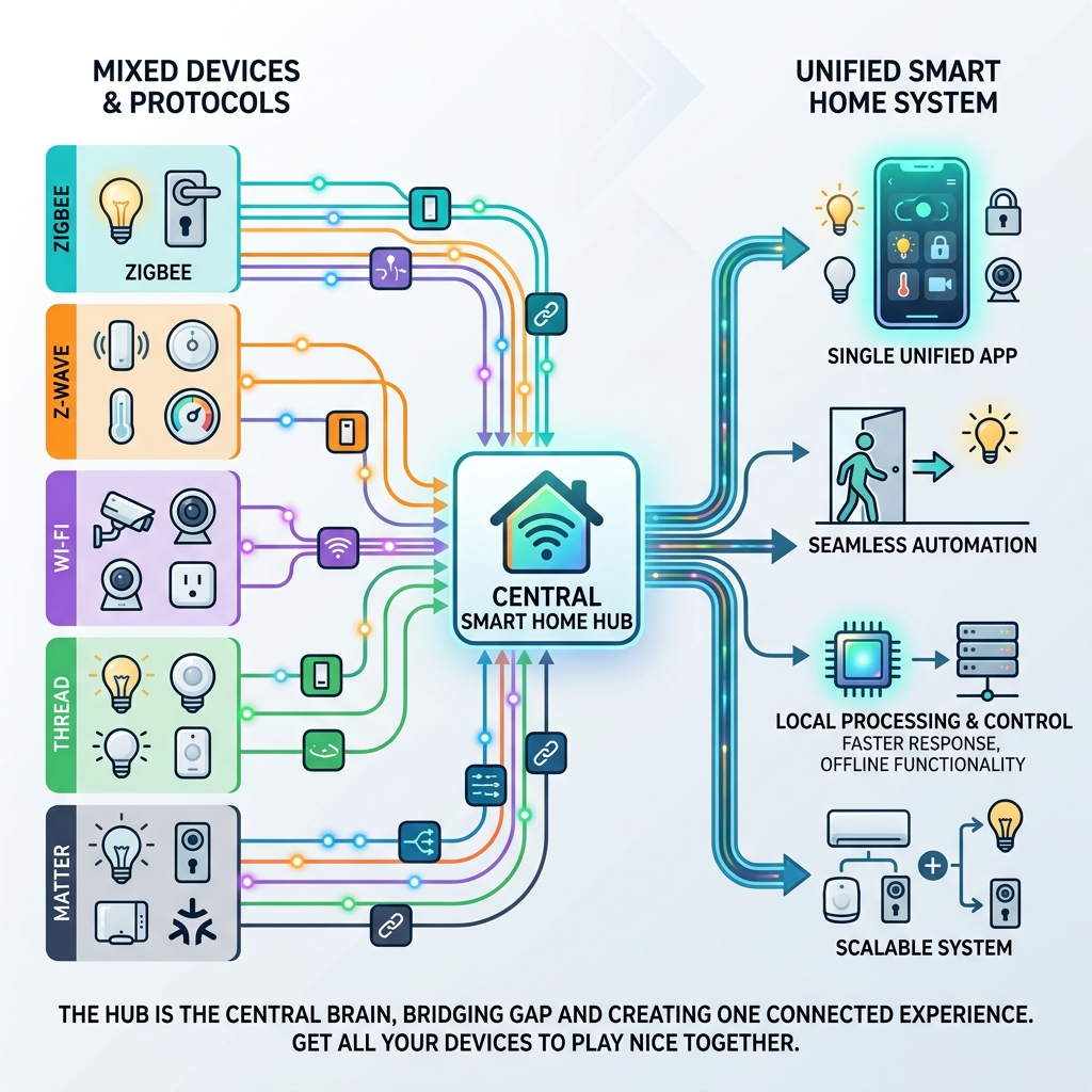 How a smart home hub connects mixed protocols and devices into one unified system - smart home devices hub infographic 