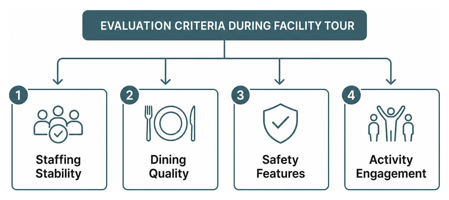 Evaluation criteria during facility tour: staffing stability, dining quality, safety features, activity engagement Evaluation criteria during facility tour: staffing stability, dining quality, safety features, activity engagement