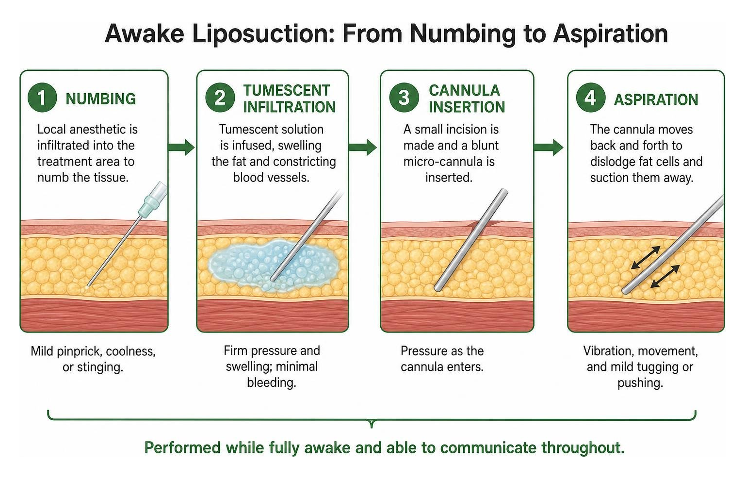 Awake liposuction procedure steps from numbing to aspiration Awake liposuction procedure steps from numbing to aspiration