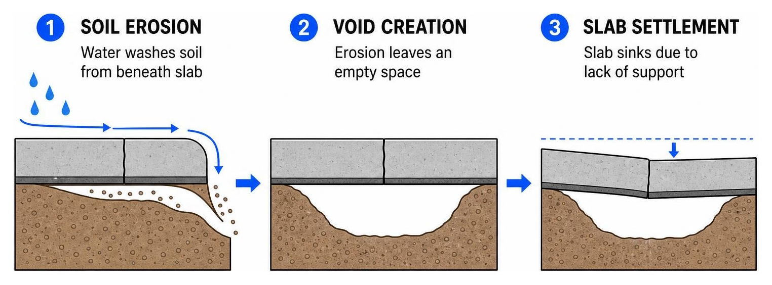 Diagram showing subterranean soil erosion, void creation, and slab settlement Diagram showing subterranean soil erosion, void creation, and slab settlement