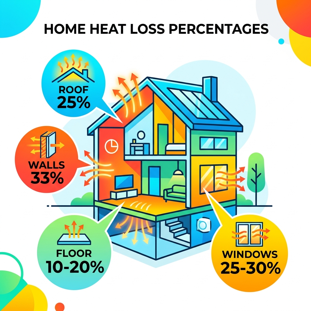 Home heat loss percentages by area: roof 25%, walls 33%, floor 10-20%, windows 25-30% - best home insulation tips Home heat loss percentages by area: roof 25%, walls 33%, floor 10-20%, windows 25-30% - best home insulation tips