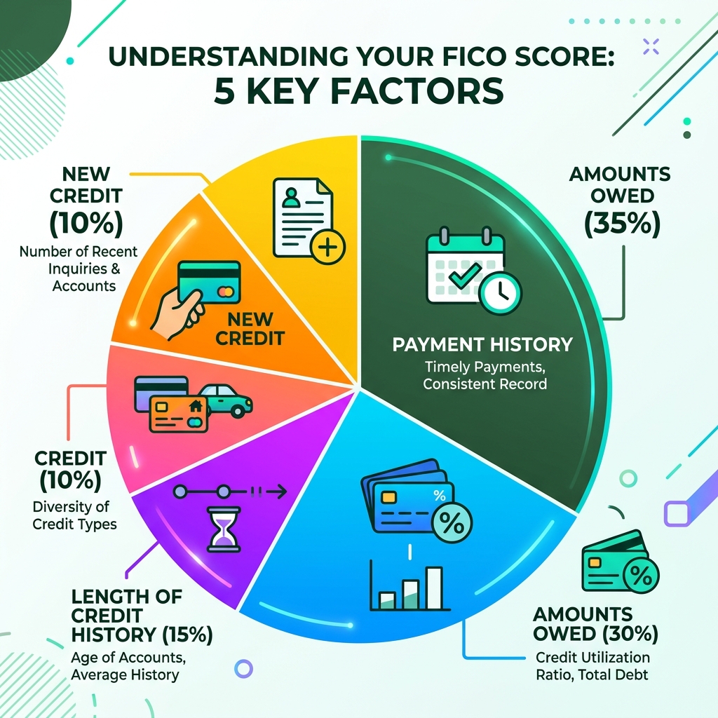 infographic showing the 5 factors of a FICO score and their percentage weights - best way to bring up credit score infographic showing the 5 factors of a FICO score and their percentage weights - best way to bring up credit score