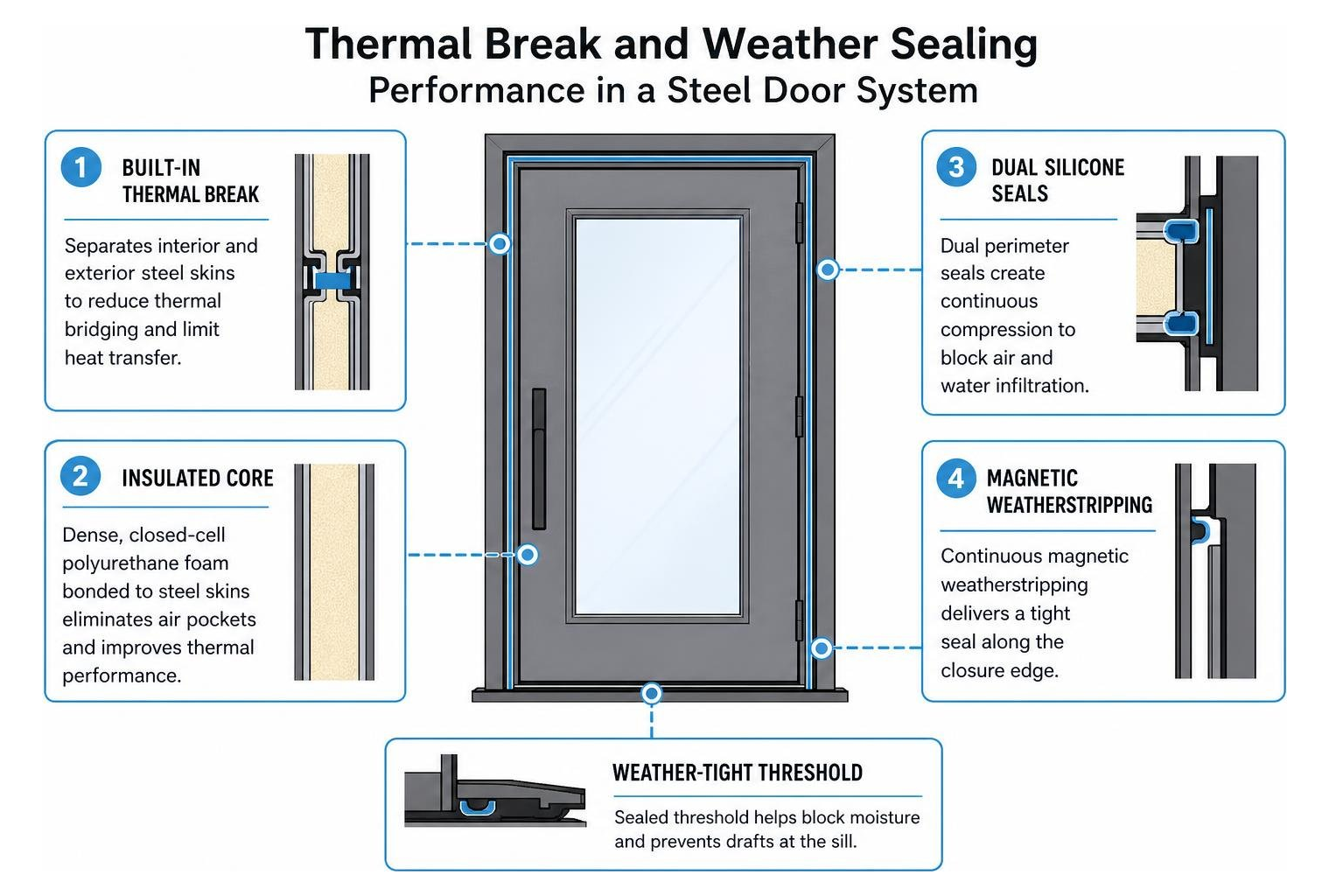 Thermal break and weather sealing performance in a steel door system