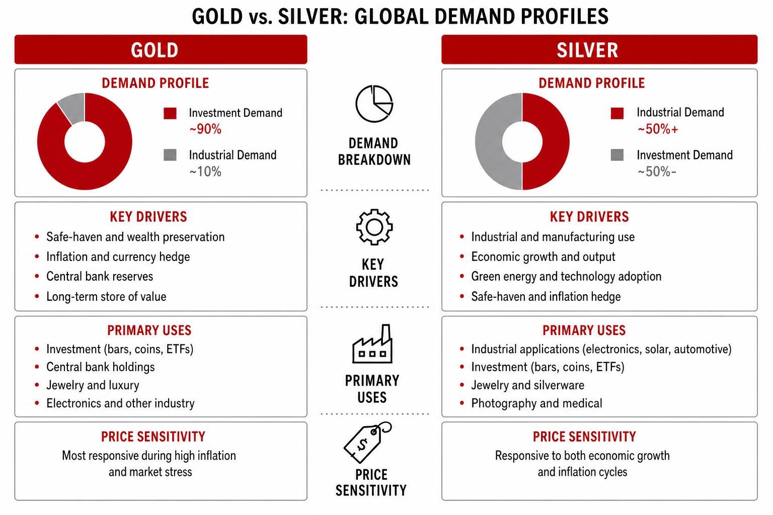 comparison of gold and silver demand profiles showing industrial versus investment use