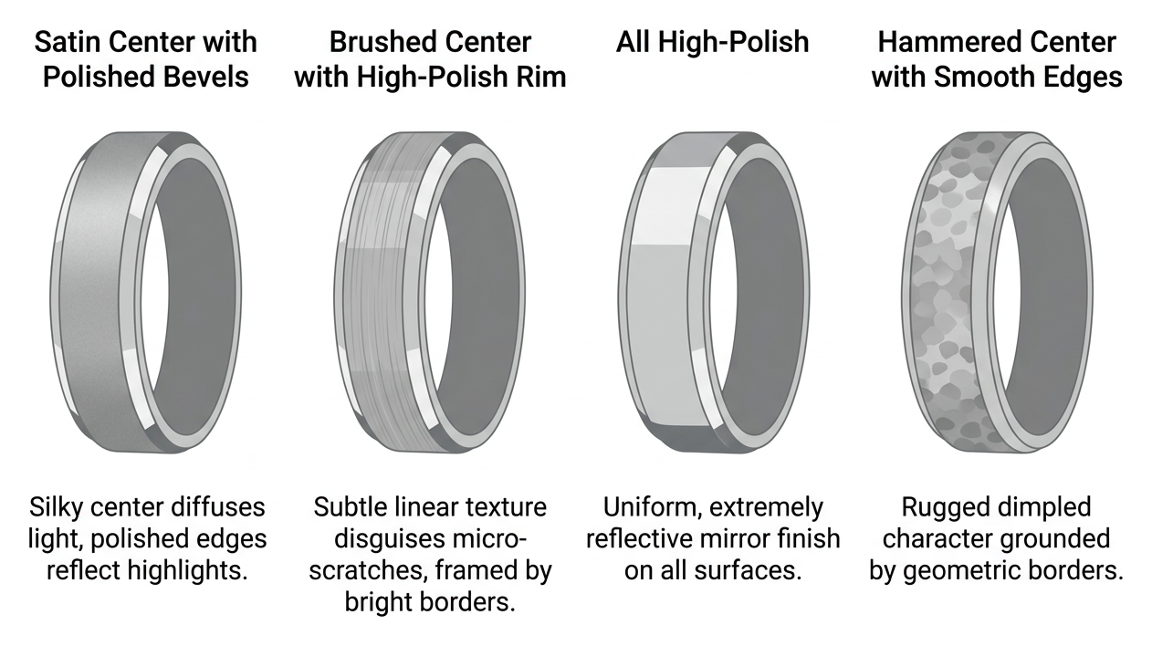 Textural finish comparison showing satin, brushed, high-polish, and hammered beveled bands Textural finish comparison showing satin, brushed, high-polish, and hammered beveled bands