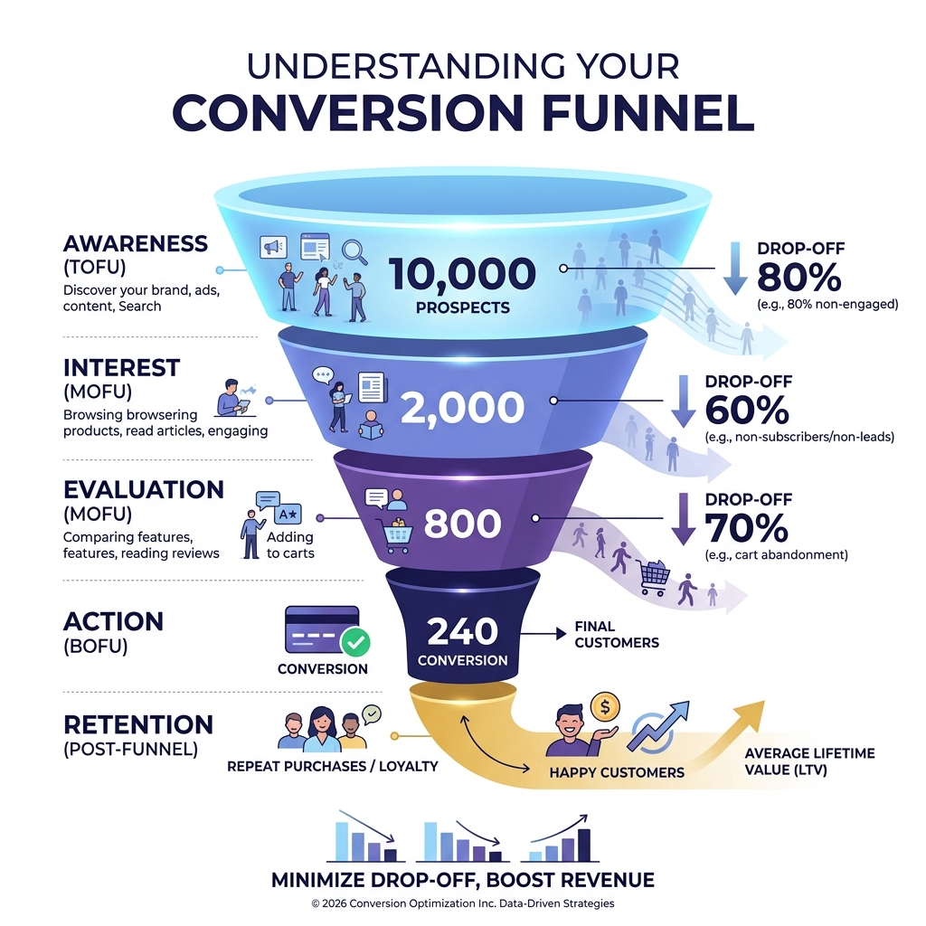 Infographic showing conversion funnel stages from awareness to retention with drop-off rates - conversion funnel analysis Infographic showing conversion funnel stages from awareness to retention with drop-off rates - conversion funnel analysis