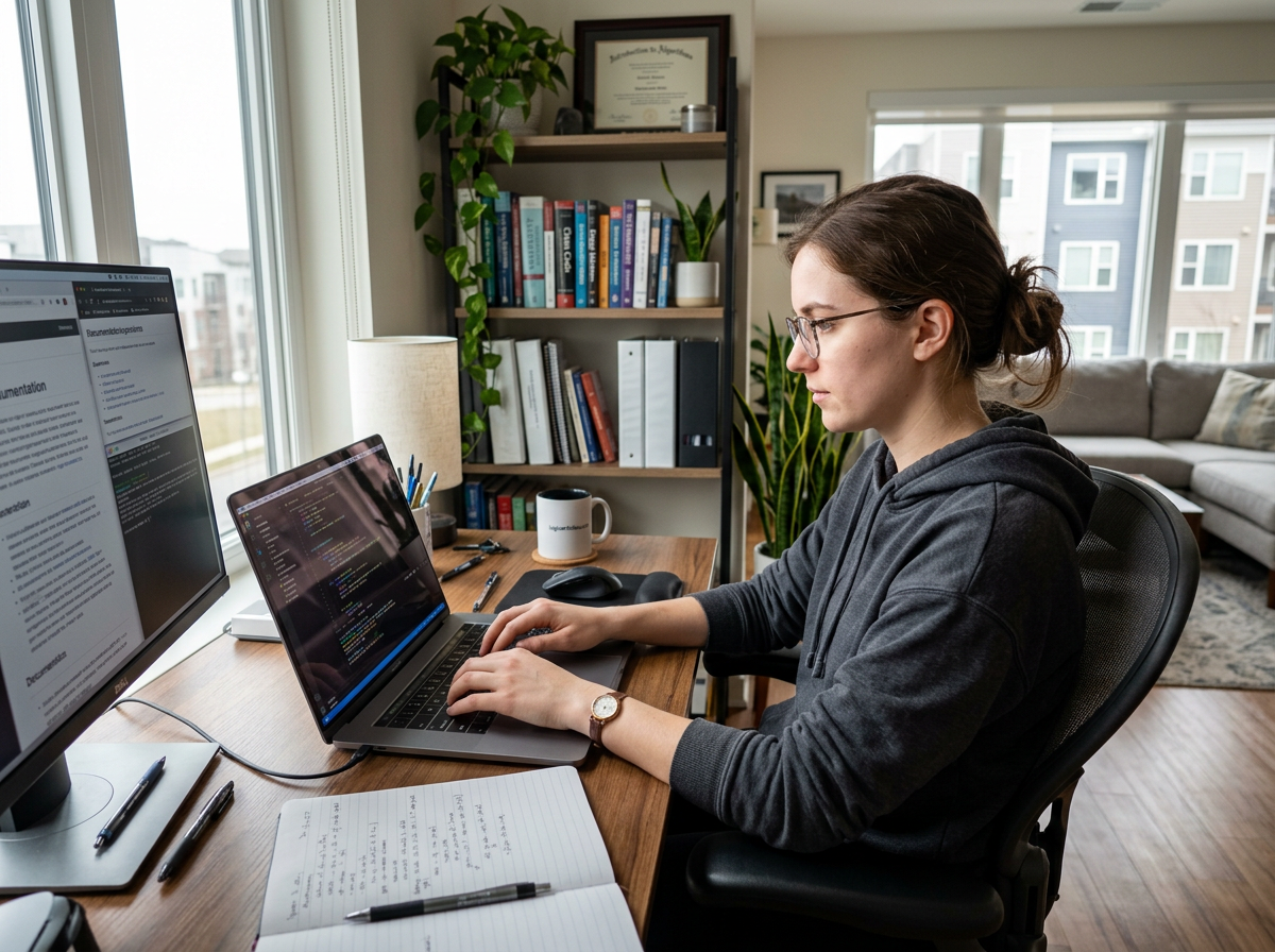 online software engineering degree student coding at desk