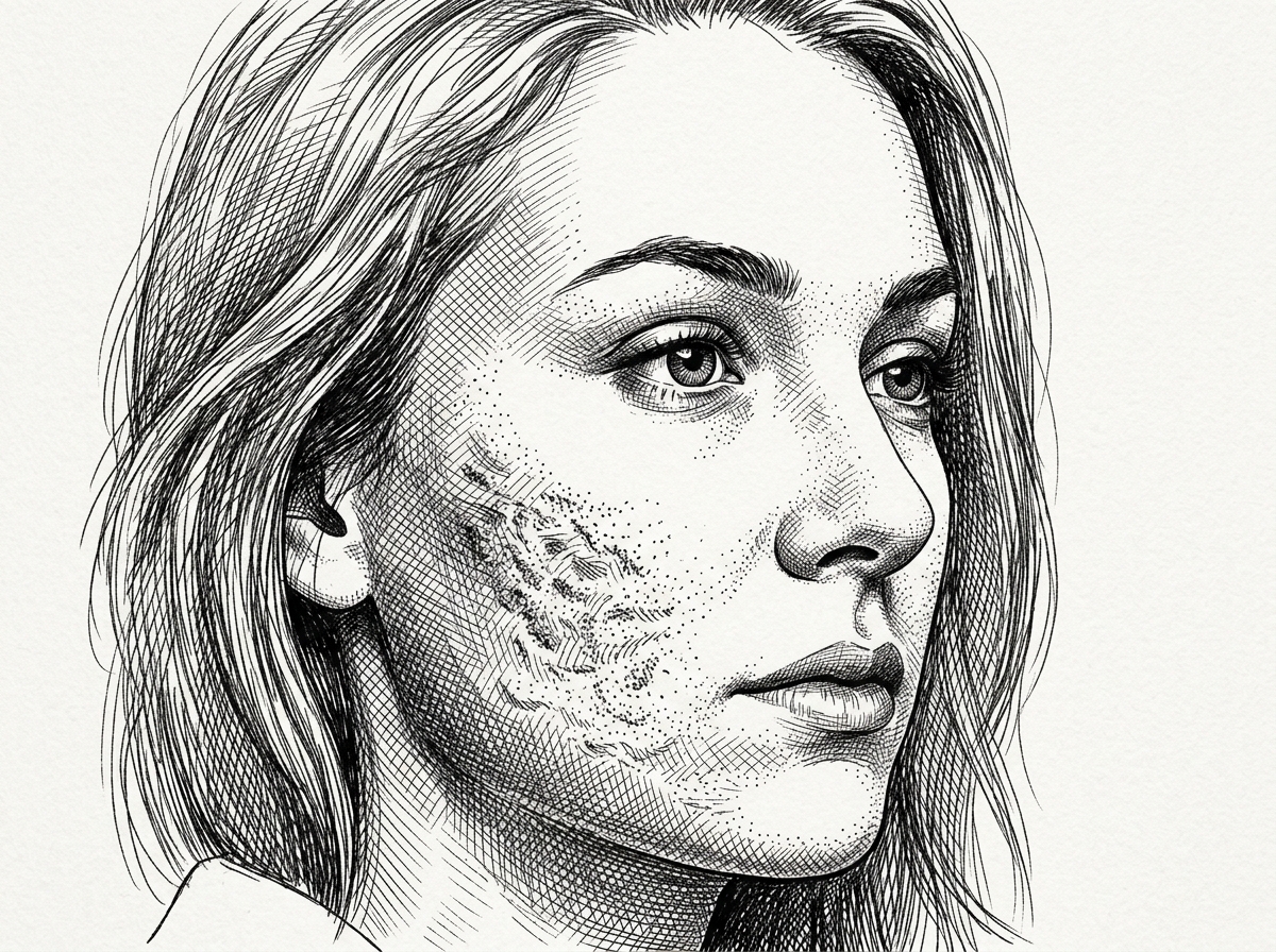 Pen and ink illustration of a face with rolling acne scars on the cheek - subcision after one session