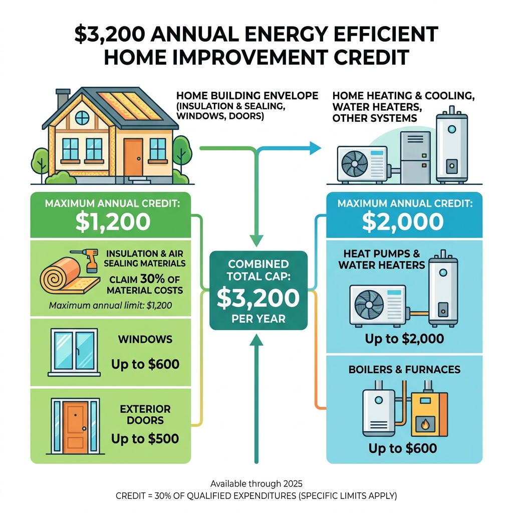 Infographic showing $3,200 annual energy efficient home improvement credit breakdown by category - tax credits for