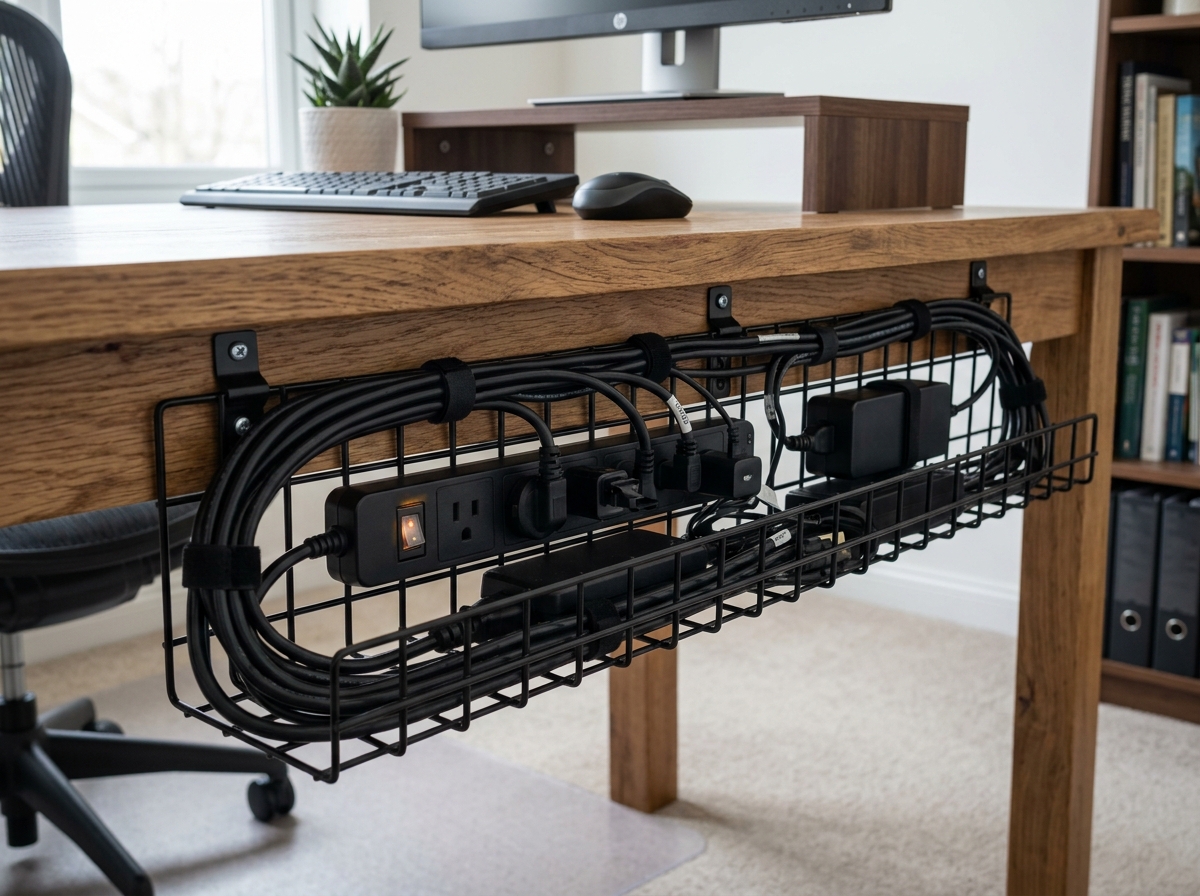 under-desk cable tray installed on a wooden office desk - desktop computer cord organizer under-desk cable tray installed on a wooden office desk - desktop computer cord organizer