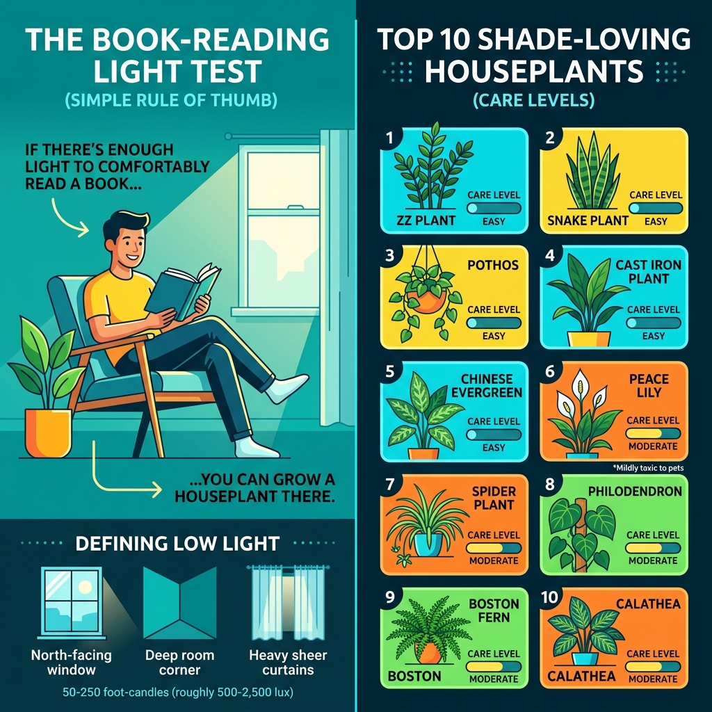 Infographic showing the book-reading light test and top 10 shade loving houseplants with care level - best shade loving