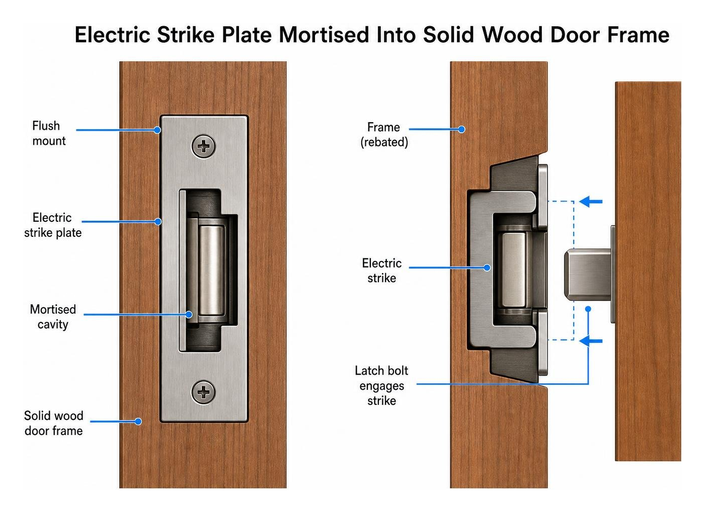 An electric strike plate cleanly mortised into a solid wood door frame