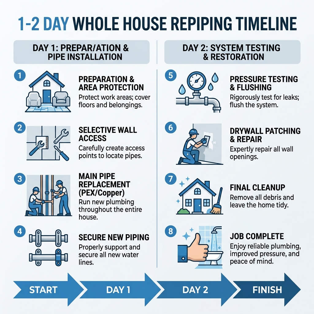 Infographic showing 1-2 day whole house repiping process timeline with key steps - repipe specialists near me infographic 