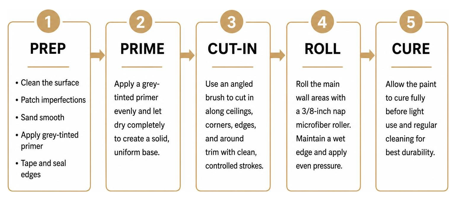 Step-by-step application flow: prep, prime, cut-in, roll, and cure Step-by-step application flow: prep, prime, cut-in, roll, and cure