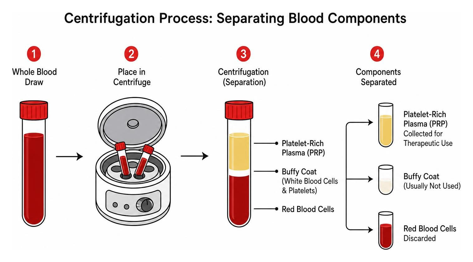 Centrifugation process separating red blood cells, buffy coat, and platelet-rich plasma