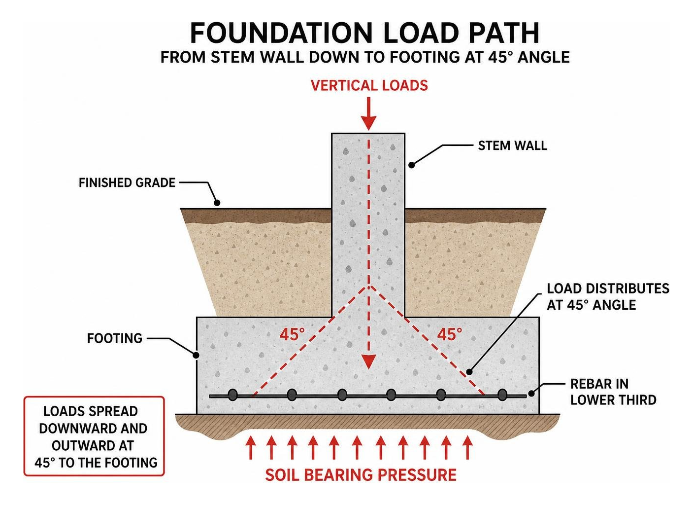 Foundation load path from stem wall down to footing at 45 degree angle