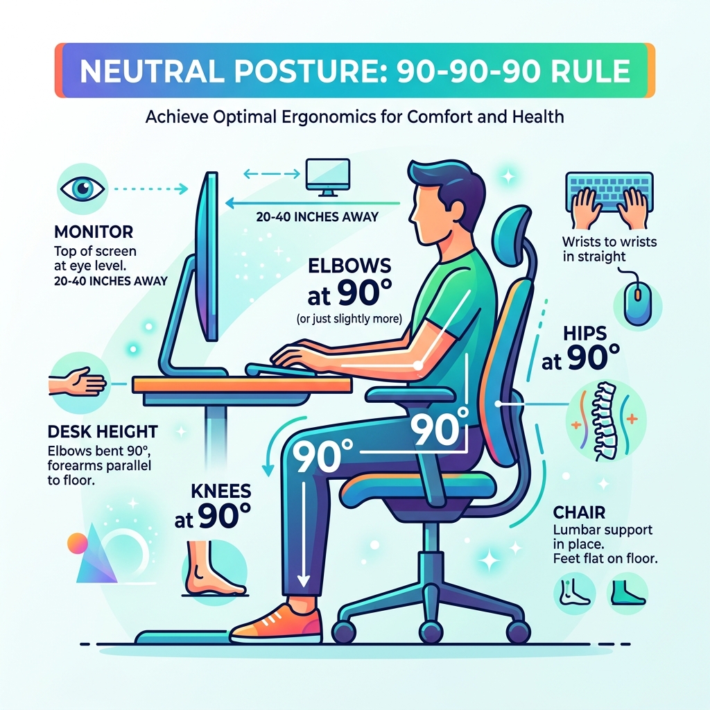 Infographic showing the 90-90-90 neutral posture rule for a healthy desk setup - healthy desk setup infographic 