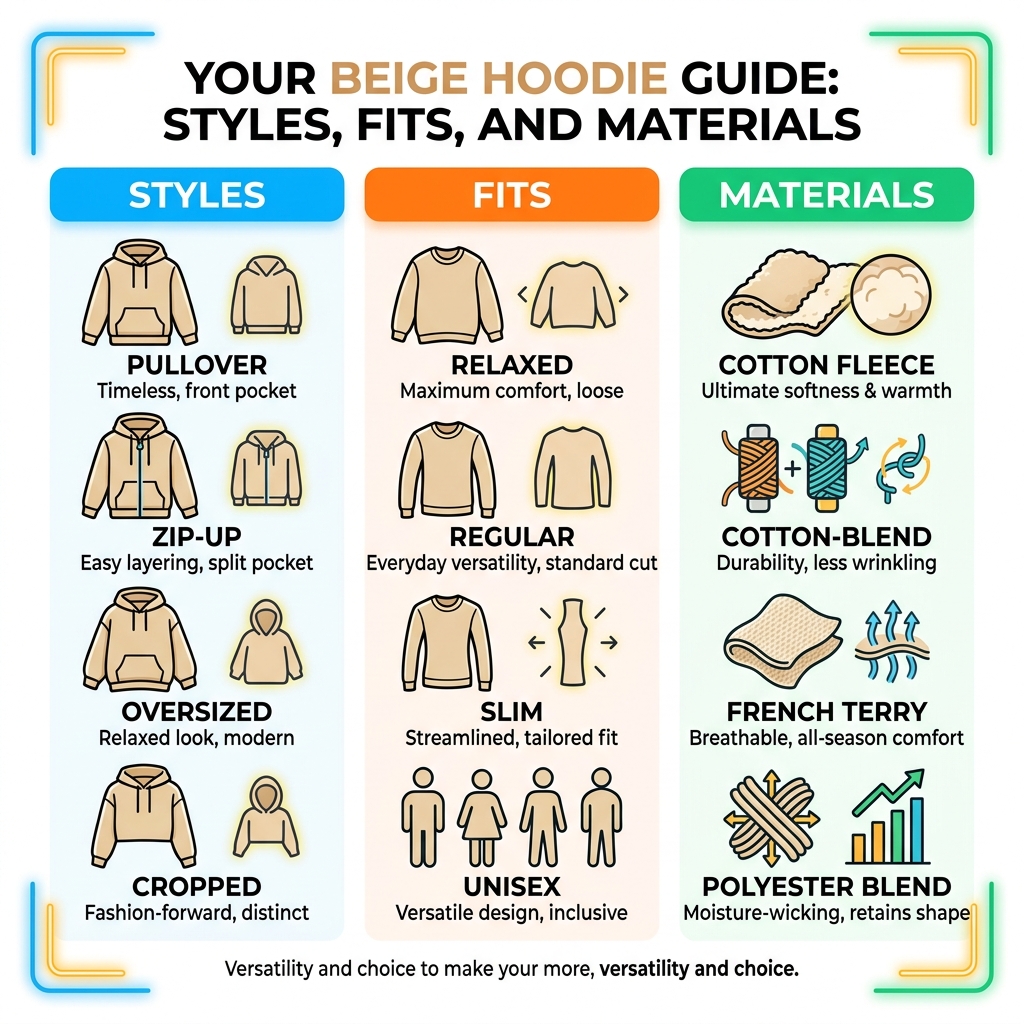 Infographic showing beige hoodie styles, fits, and materials comparison - beige colour hoodie infographic Infographic showing beige hoodie styles, fits, and materials comparison - beige colour hoodie infographic