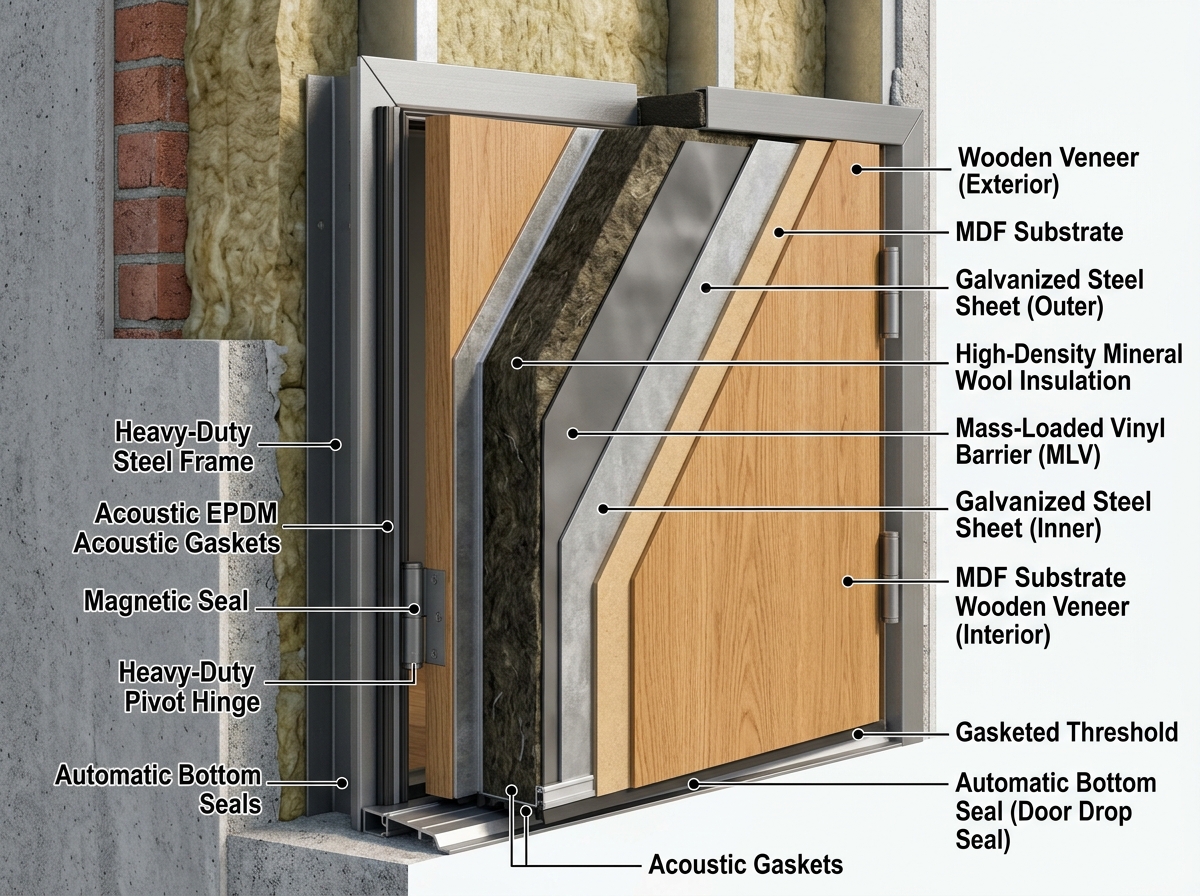 Cross-section of an acoustic door showing internal layers of steel, mineral wool, and mass-loaded vinyl - heavy duty