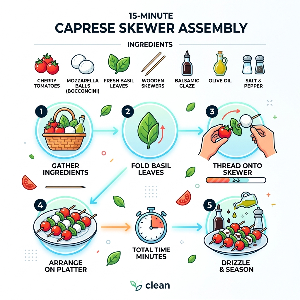 Infographic showing 5-step 15-minute Caprese skewer assembly process with ingredients - caprese salad skewers infographic Infographic showing 5-step 15-minute Caprese skewer assembly process with ingredients - caprese salad skewers infographic