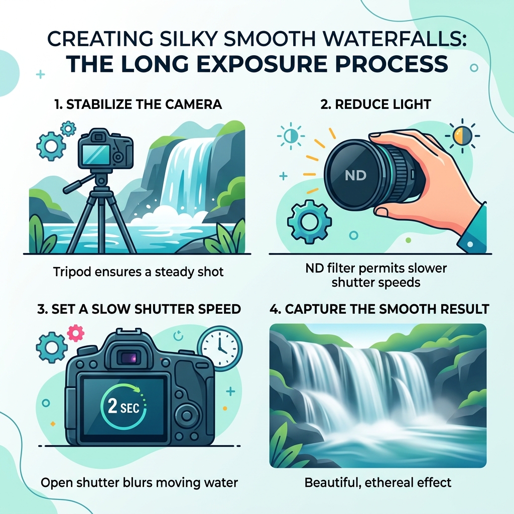 Infographic showing the long exposure waterfall process: tripod, ND filter, slow shutter speed, smooth water result - smooth Infographic showing the long exposure waterfall process: tripod, ND filter, slow shutter speed, smooth water result - smooth